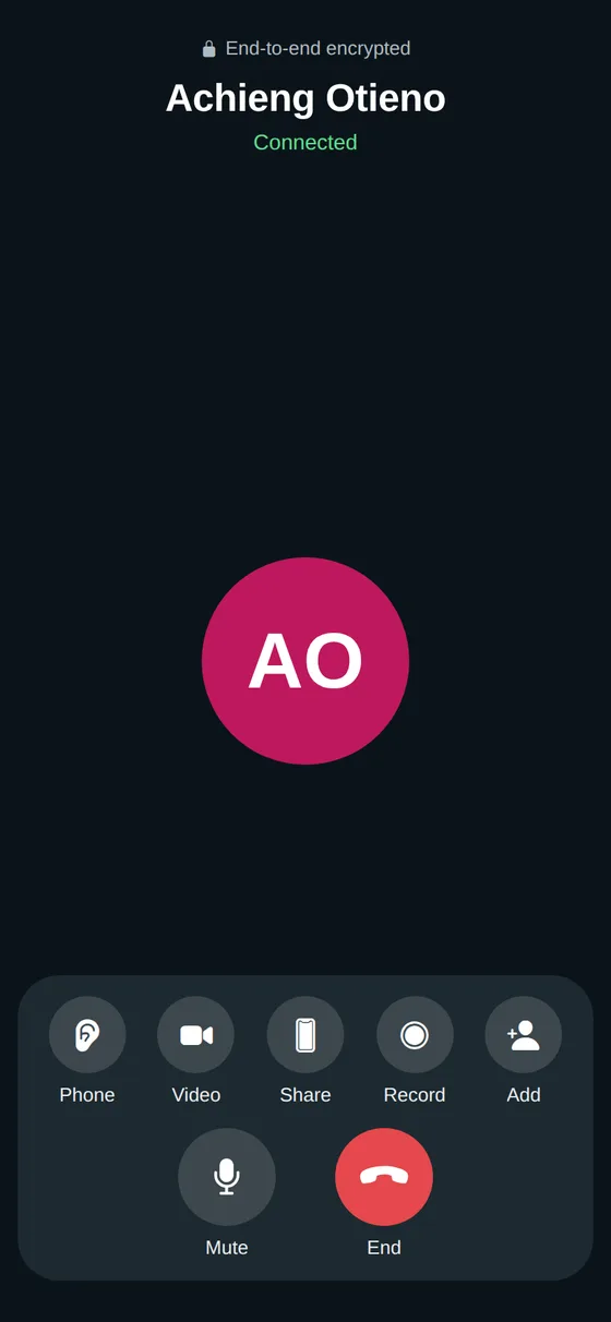 A voice call with speaker, video, share, record and add buttons
